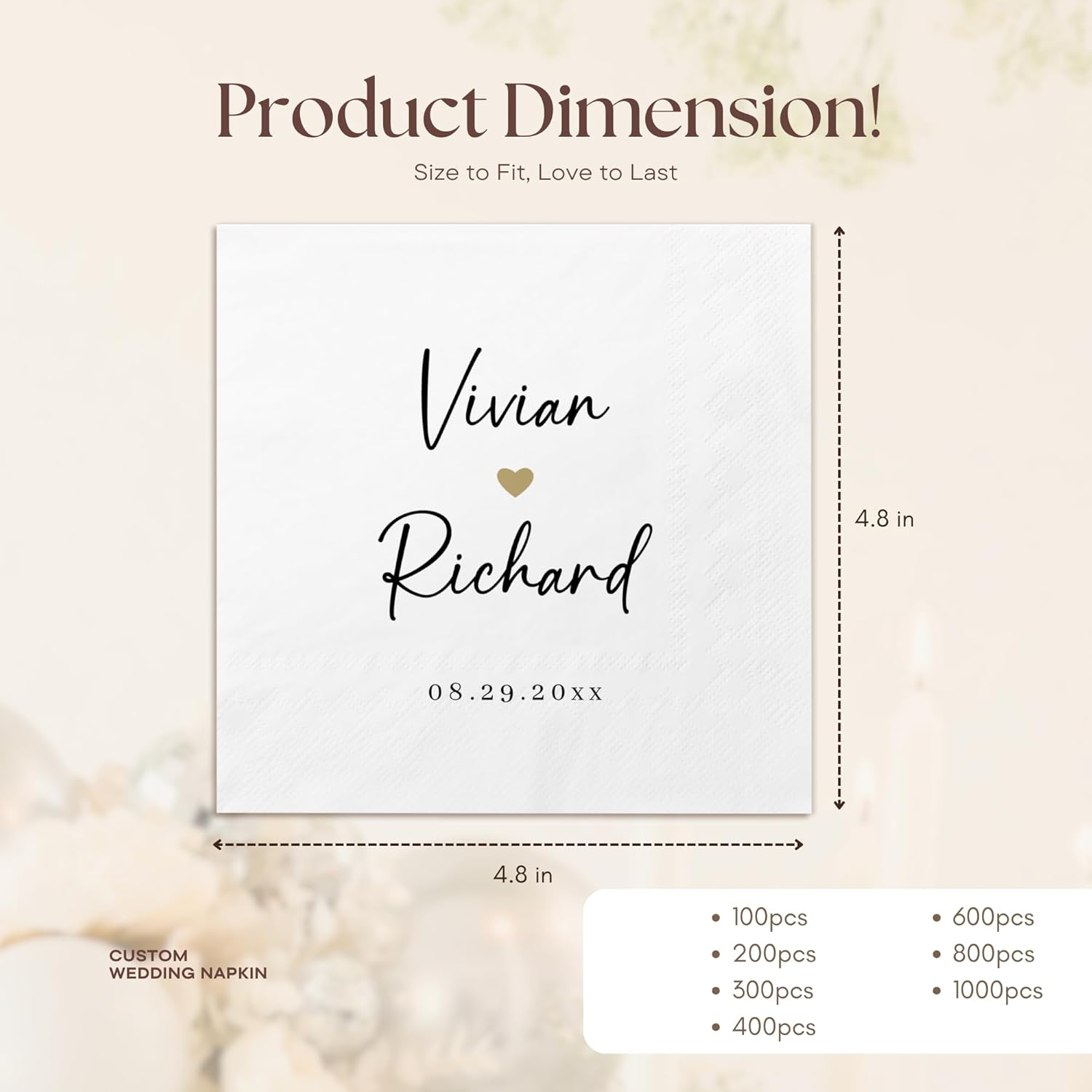 100 Pcs Custom Cocktail Napkins for Weddings and Events