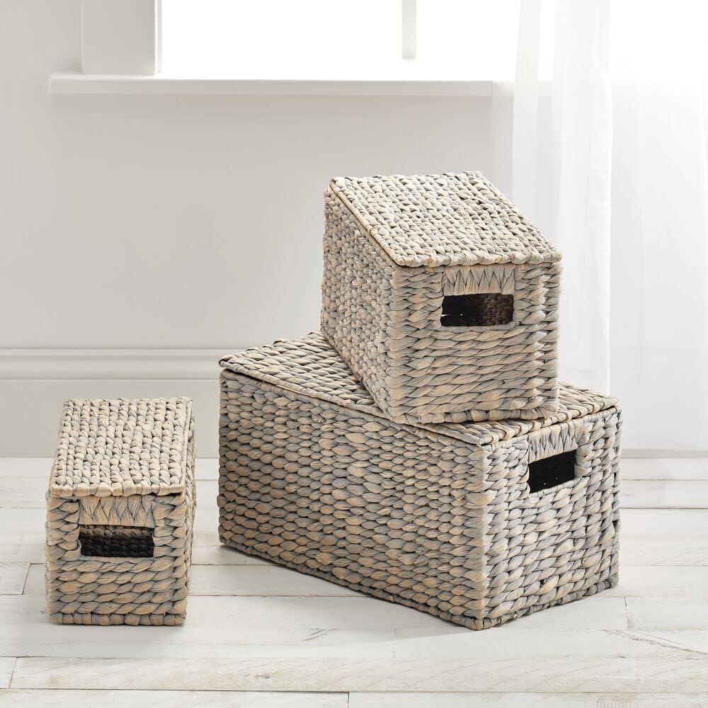 mDesign Woven Hyacinth Storage Baskets Set of 3 Gray