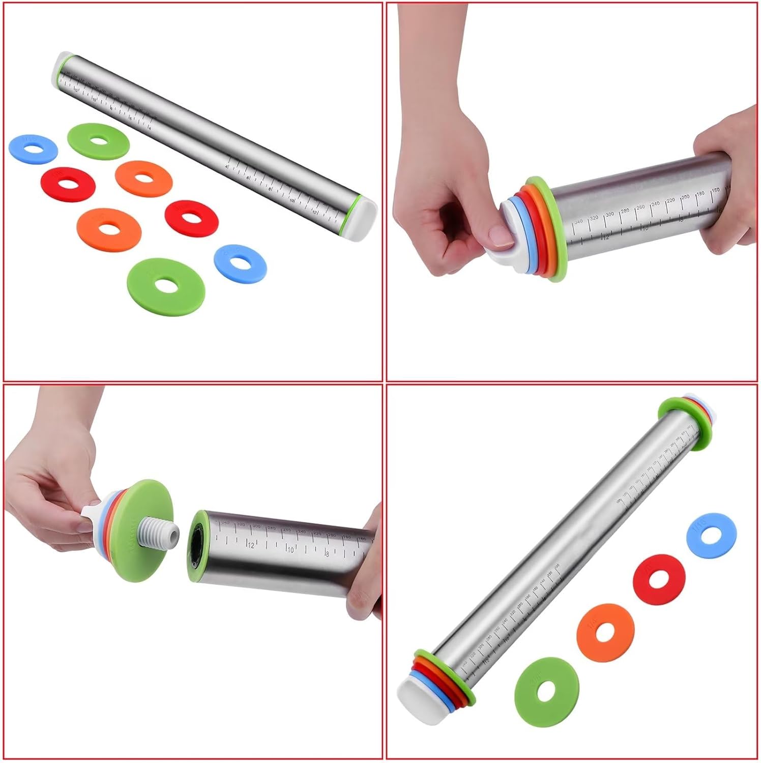Stainless Steel Rolling Pin with Adjustable Rings and Silicone Mat Set