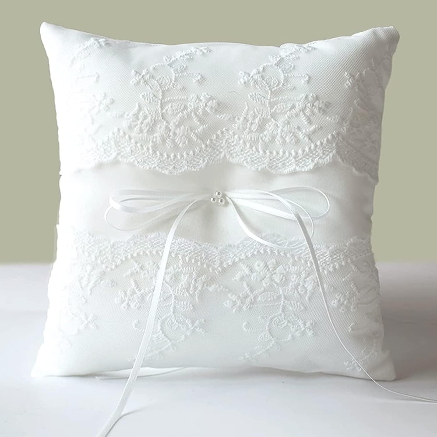 Wedding Ring Pillow with Pearl and Lace Design