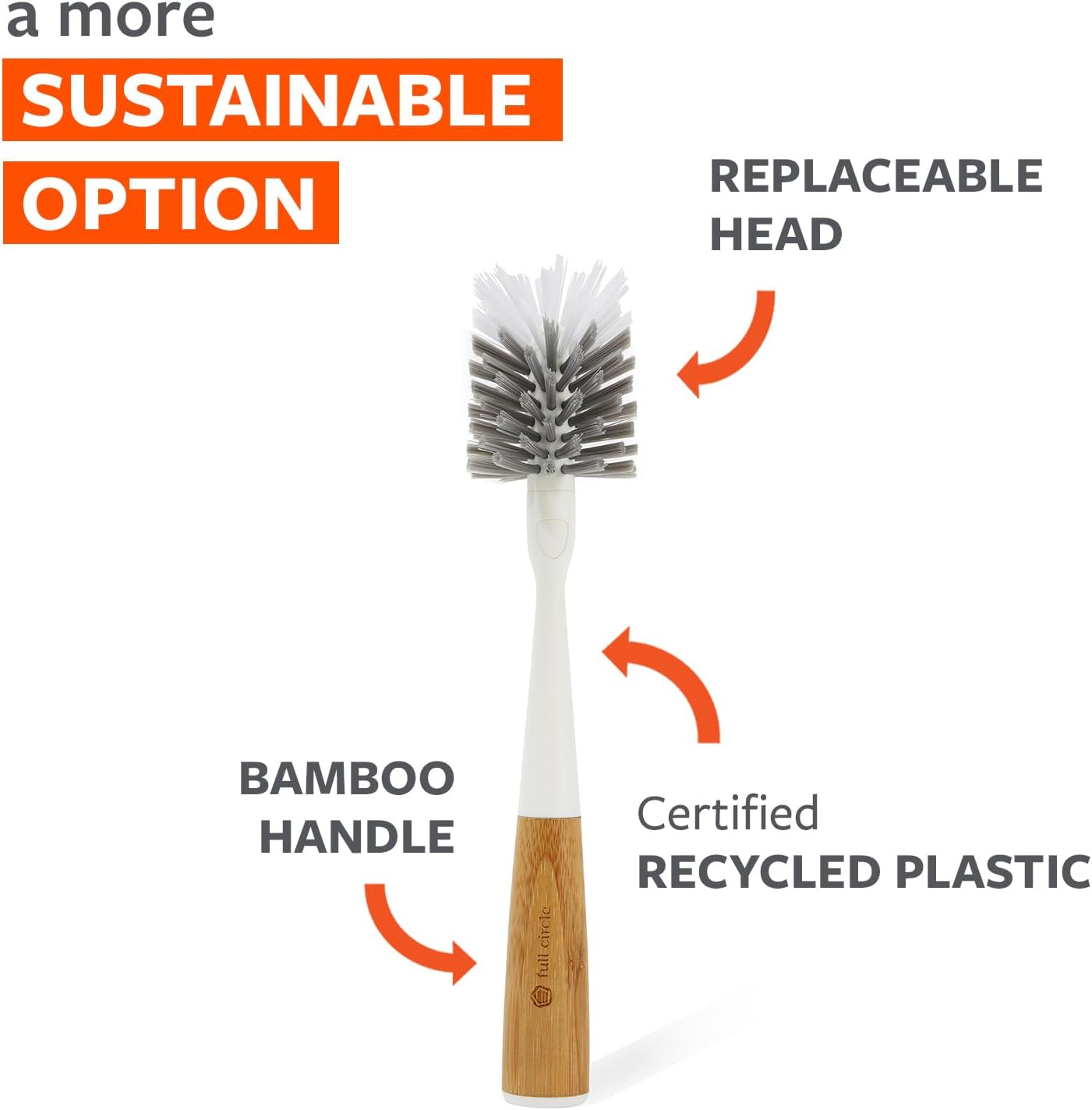 Full Circle Clean Reach Bottle Brush with Bamboo Handle and Replaceable Head