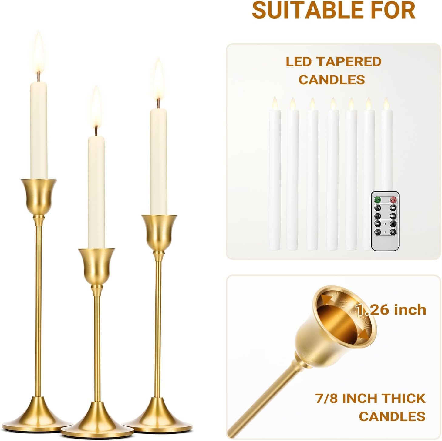 Tifanso 3PCS Brass Gold Candlestick Holders