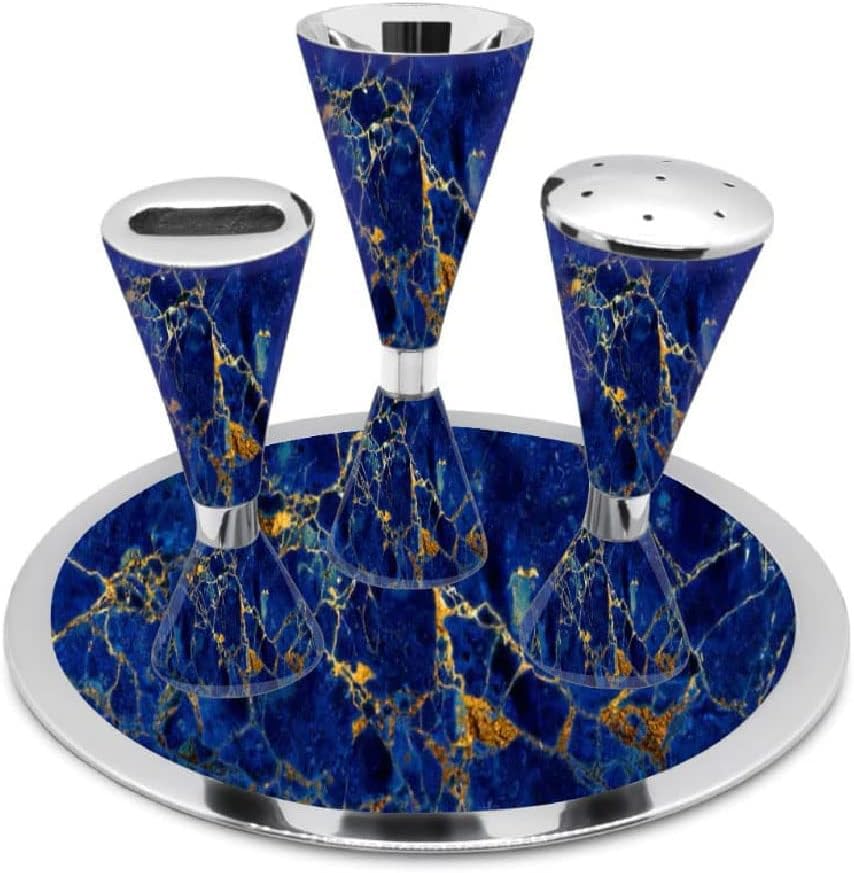Elegant Havdalah Set with Nickel Plated Blue Marble Decal