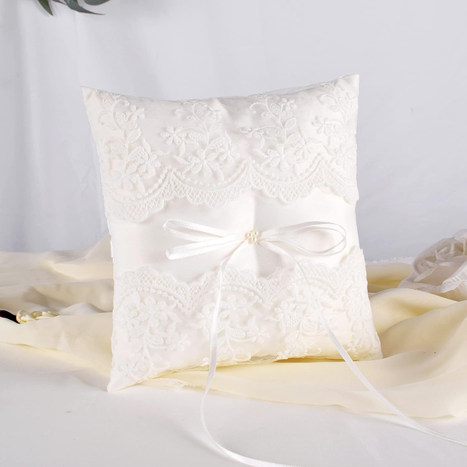 Wedding Ring Pillow with Pearl and Lace Design