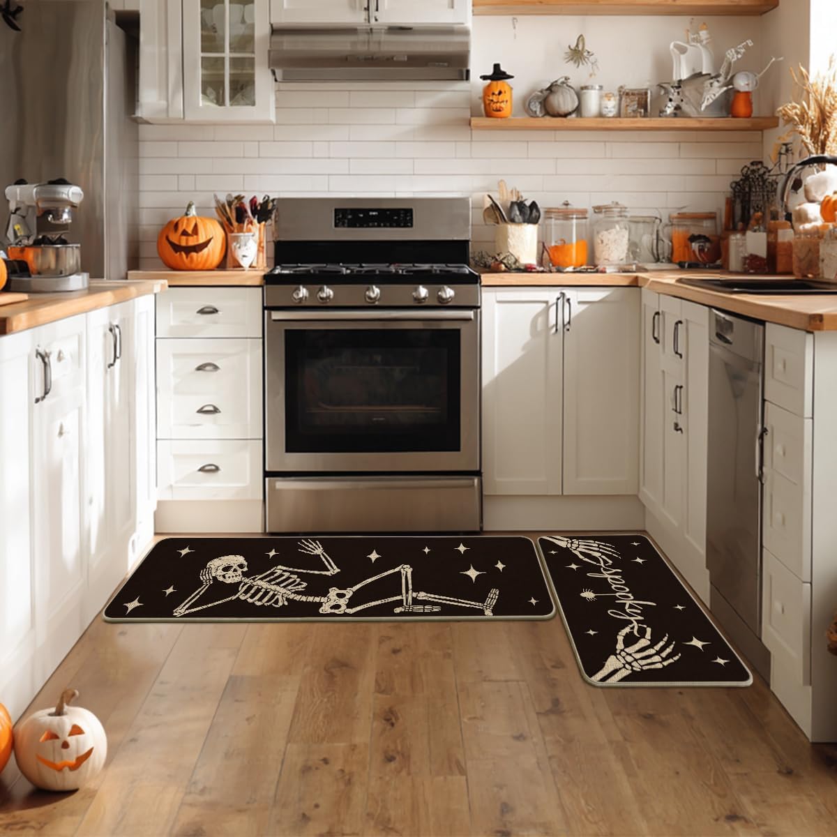 Artoid Mode Spooky Skeleton Spider Bone Kitchen Mats Set of 2 Black