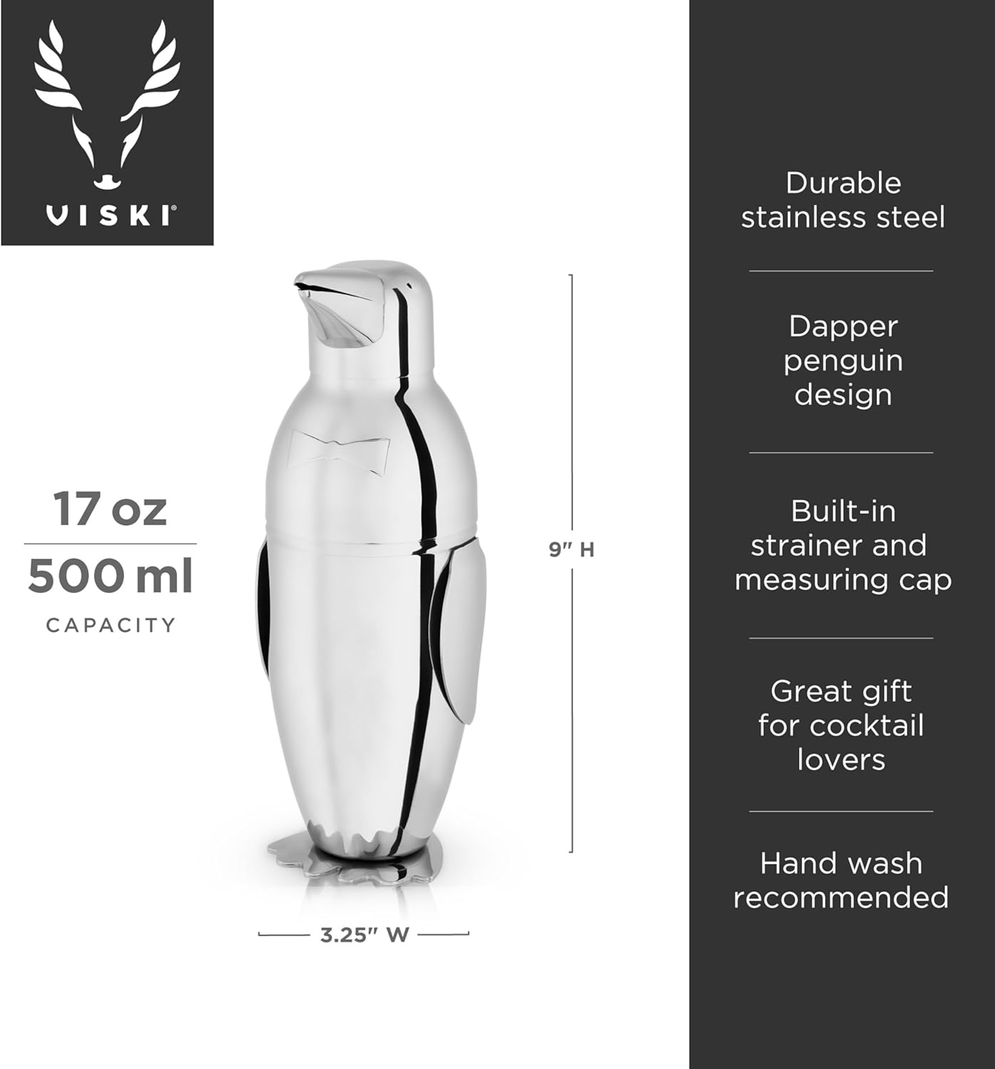 Viski Penguin Cocktail Shaker 17 oz Stainless Steel