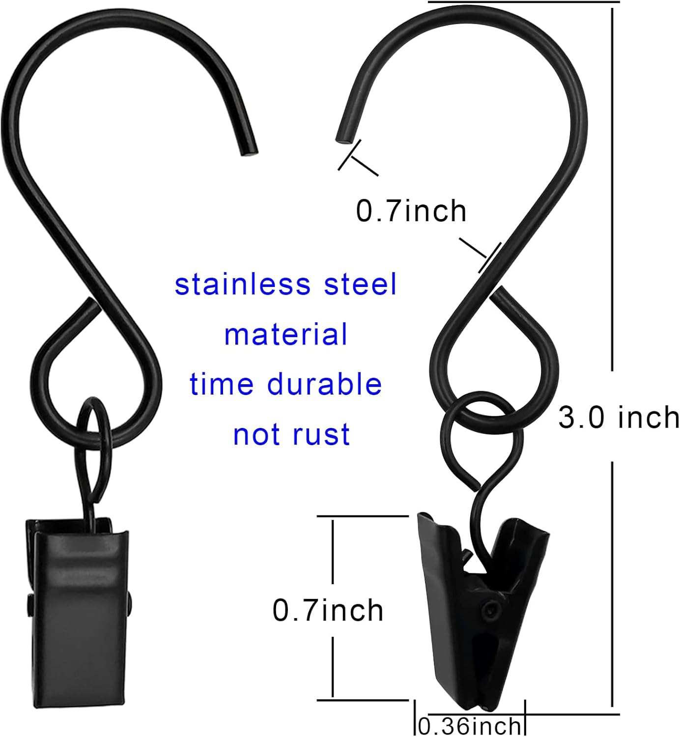 Stainless Steel S Hooks Curtain Clips 50 Pack Black 3 Inch