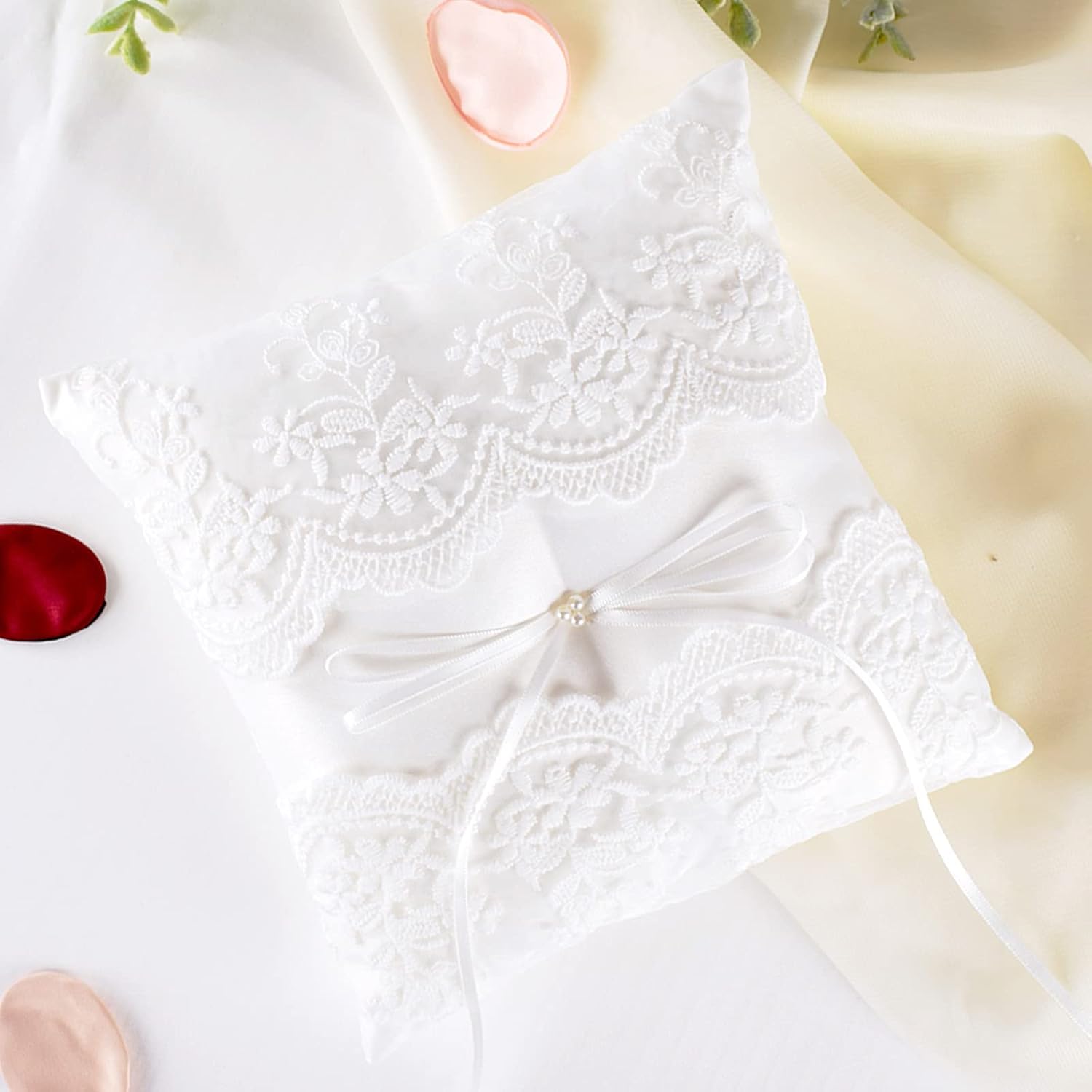 Wedding Ring Pillow with Pearl and Lace Design
