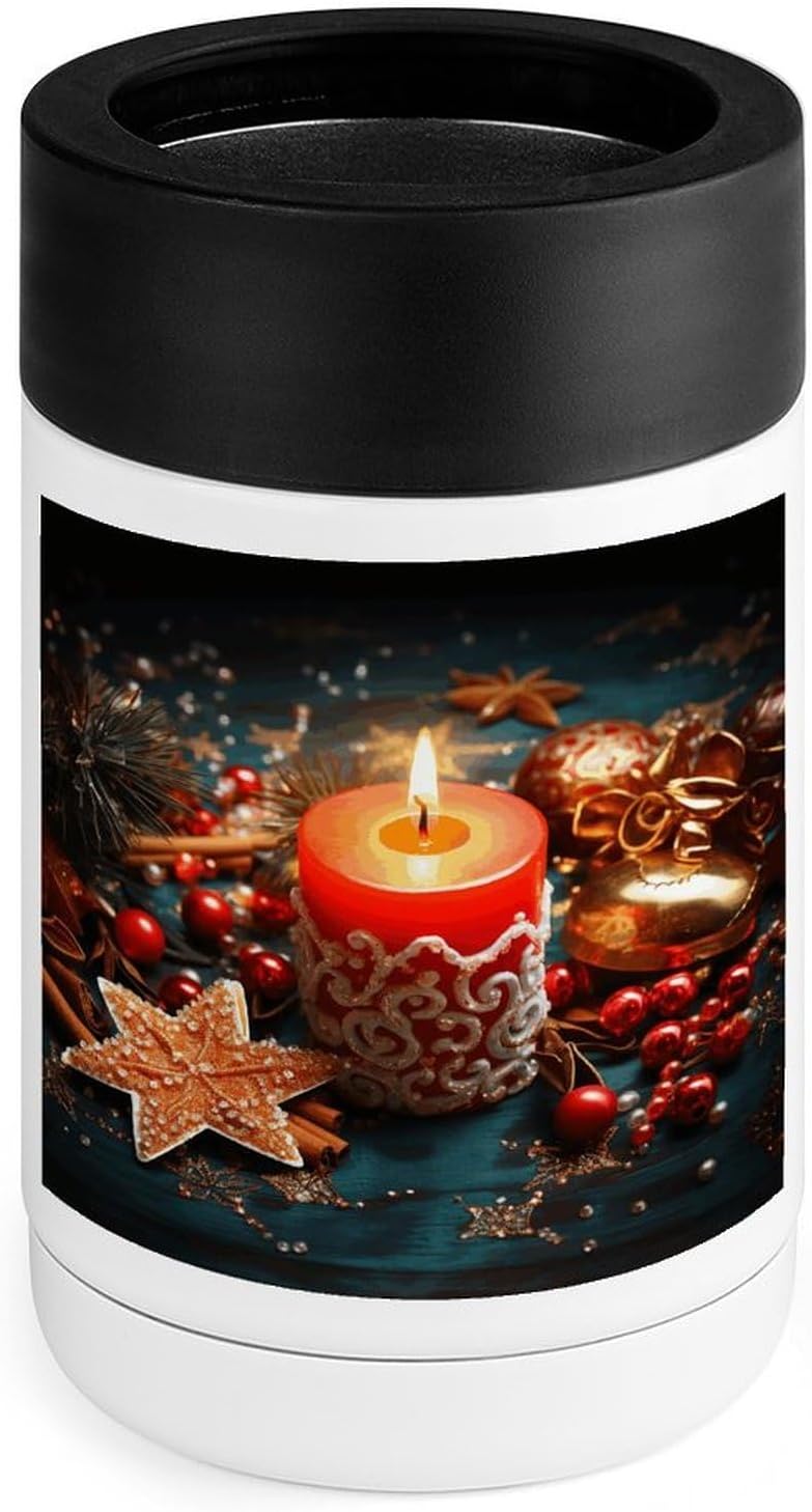 12 Oz Insulated Stainless Steel Can Cooler with Christmas Candle Print