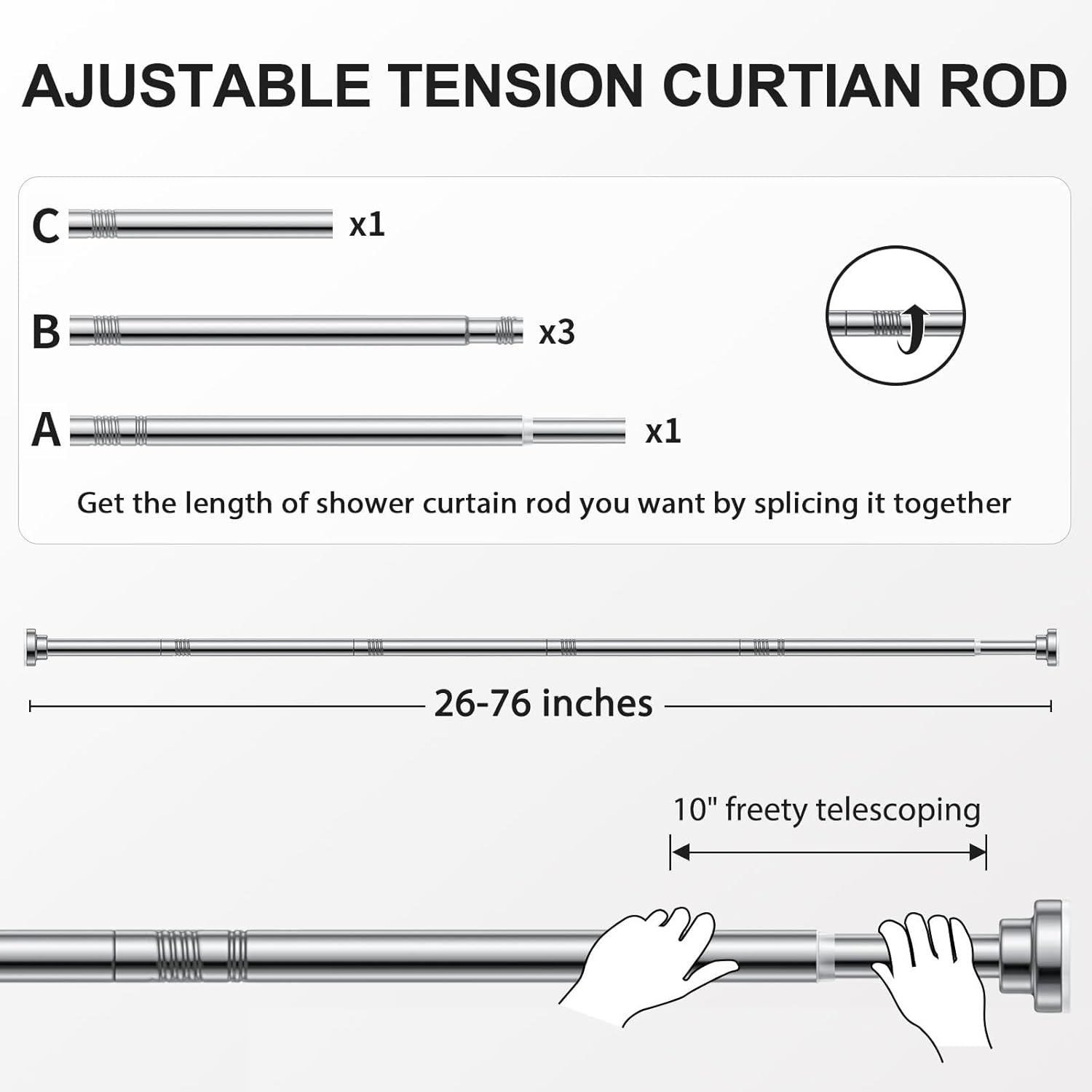 Ausemku Tension Shower Curtain Rod - 26-76 Inch Silver