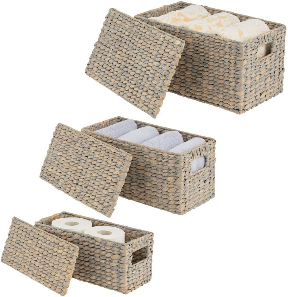 mDesign Woven Hyacinth Storage Baskets Set of 3 Gray