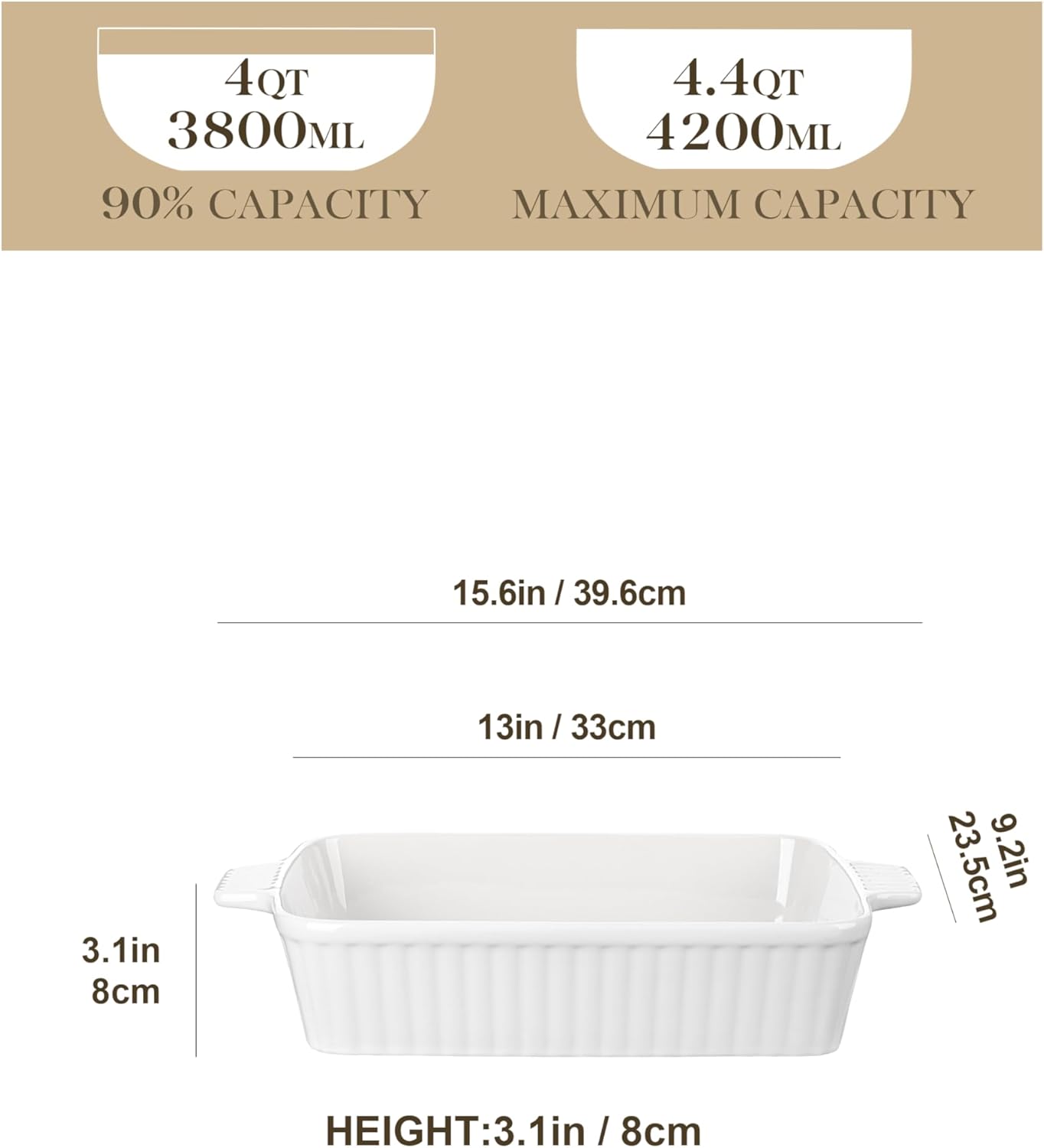 MALACASA 44 QT Baking Dish 9x13 White Rectangular Lasagna Pan with Handles