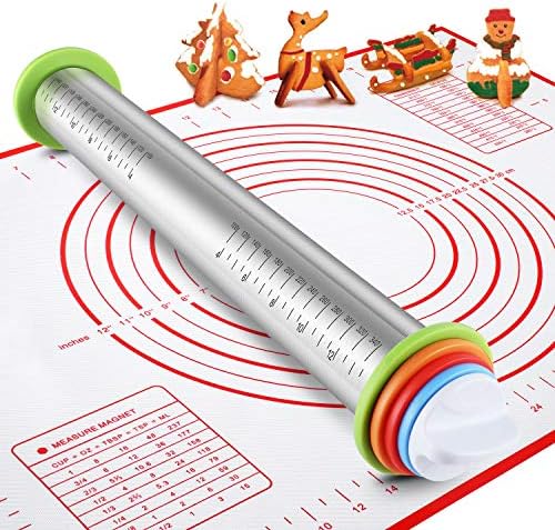 Stainless Steel Rolling Pin with Adjustable Rings and Silicone Mat Set