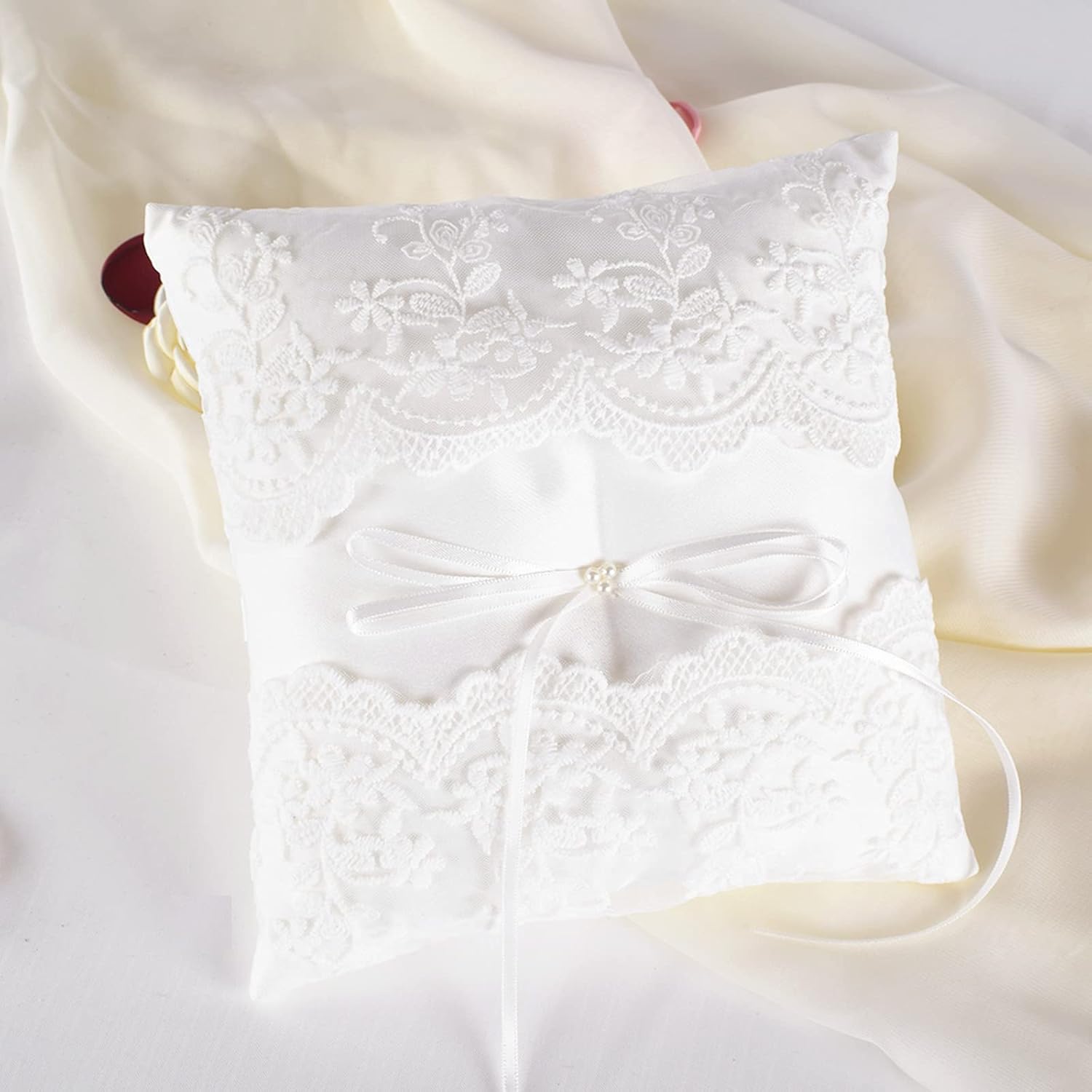 Wedding Ring Pillow with Pearl and Lace Design