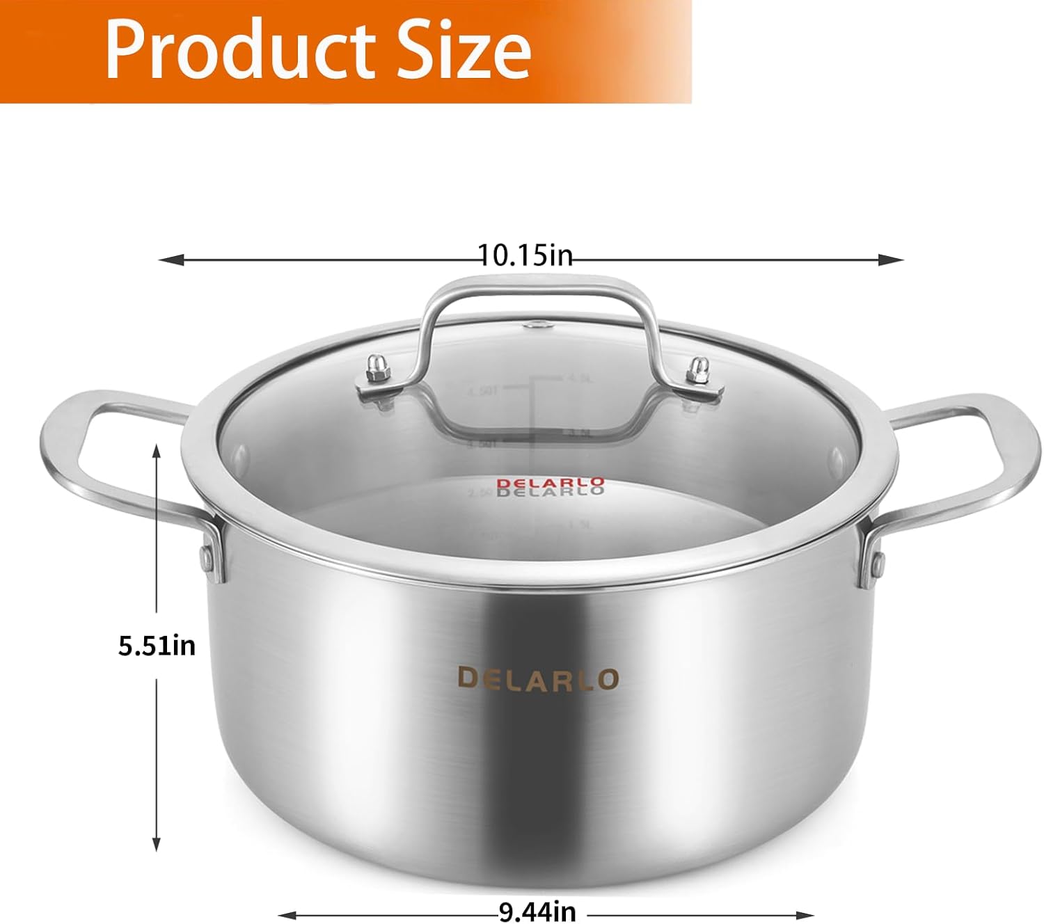 Delarlo Tri-Ply Stainless Steel 6 Quart Pot with Lid