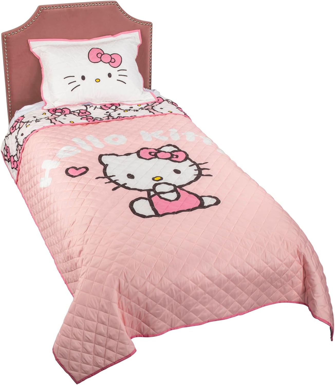 Jay Franco Hello Kitty Pink Stripes Hearts Twin Quilt Set