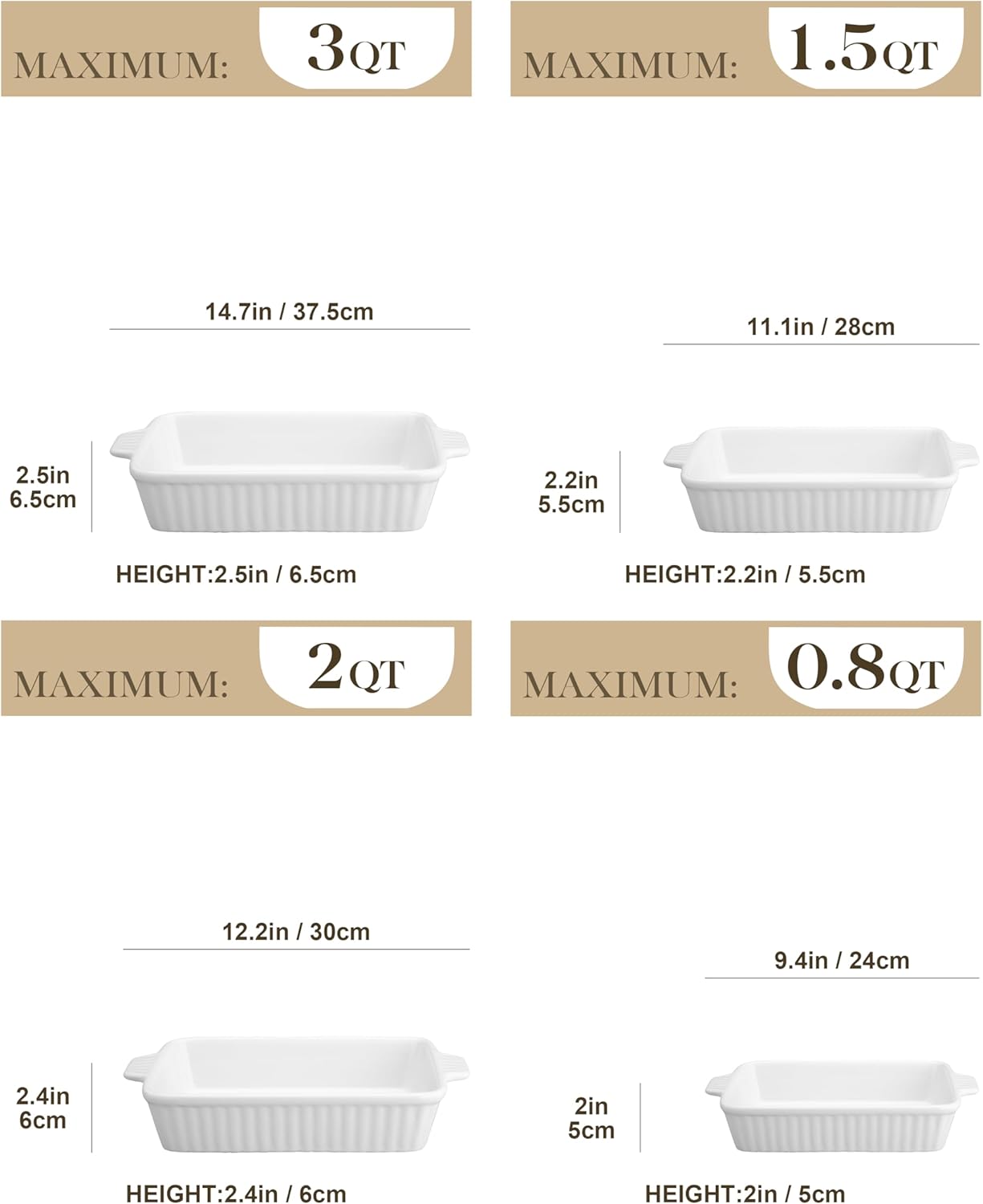 MALACASA Ceramic Bakeware Set of 4 Rectangular Lasagna Pans