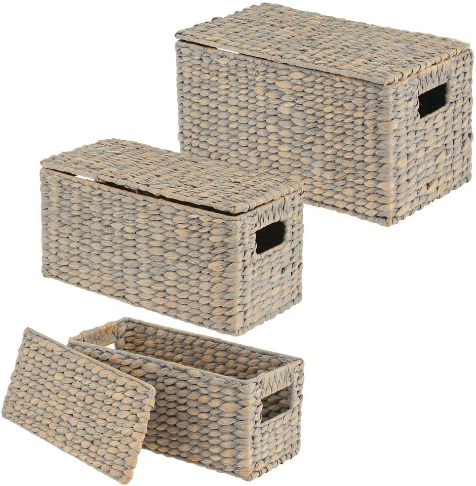 mDesign Woven Hyacinth Storage Baskets Set of 3 Gray