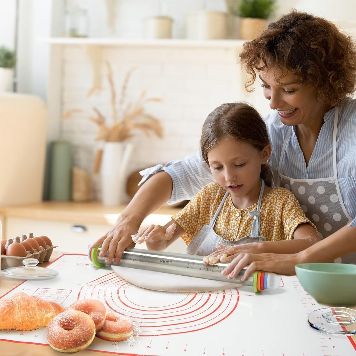 Stainless Steel Rolling Pin with Adjustable Rings and Silicone Mat Set