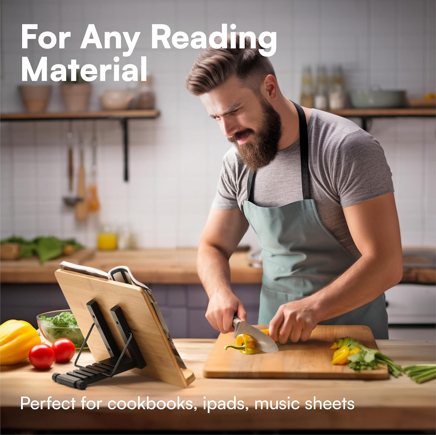 HS Bamboo Recipe Book Holder - Foldable Stand for Desk Kitchen and Bed