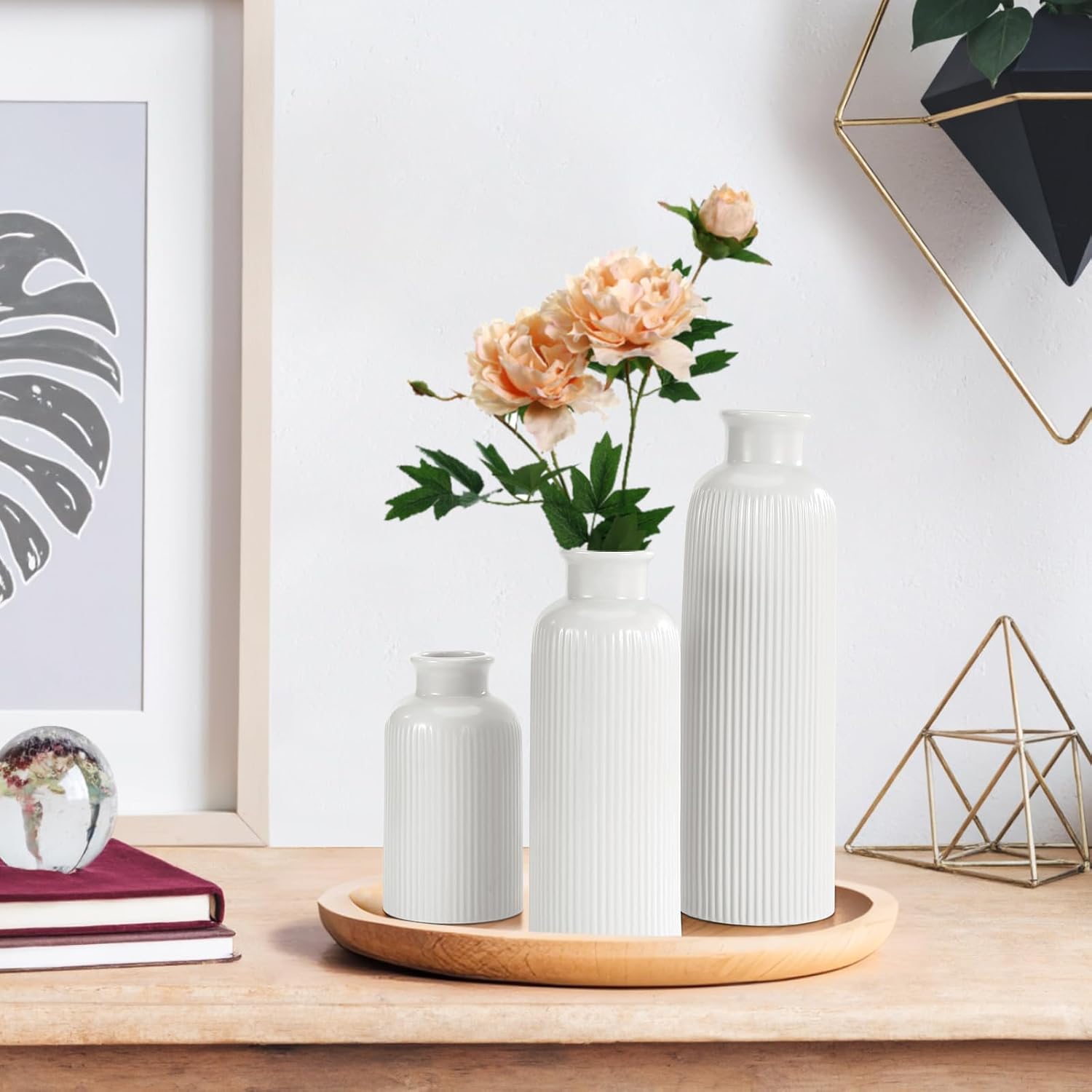 White Ceramic Vase Set of 3 Boho Modern Farmhouse Decor