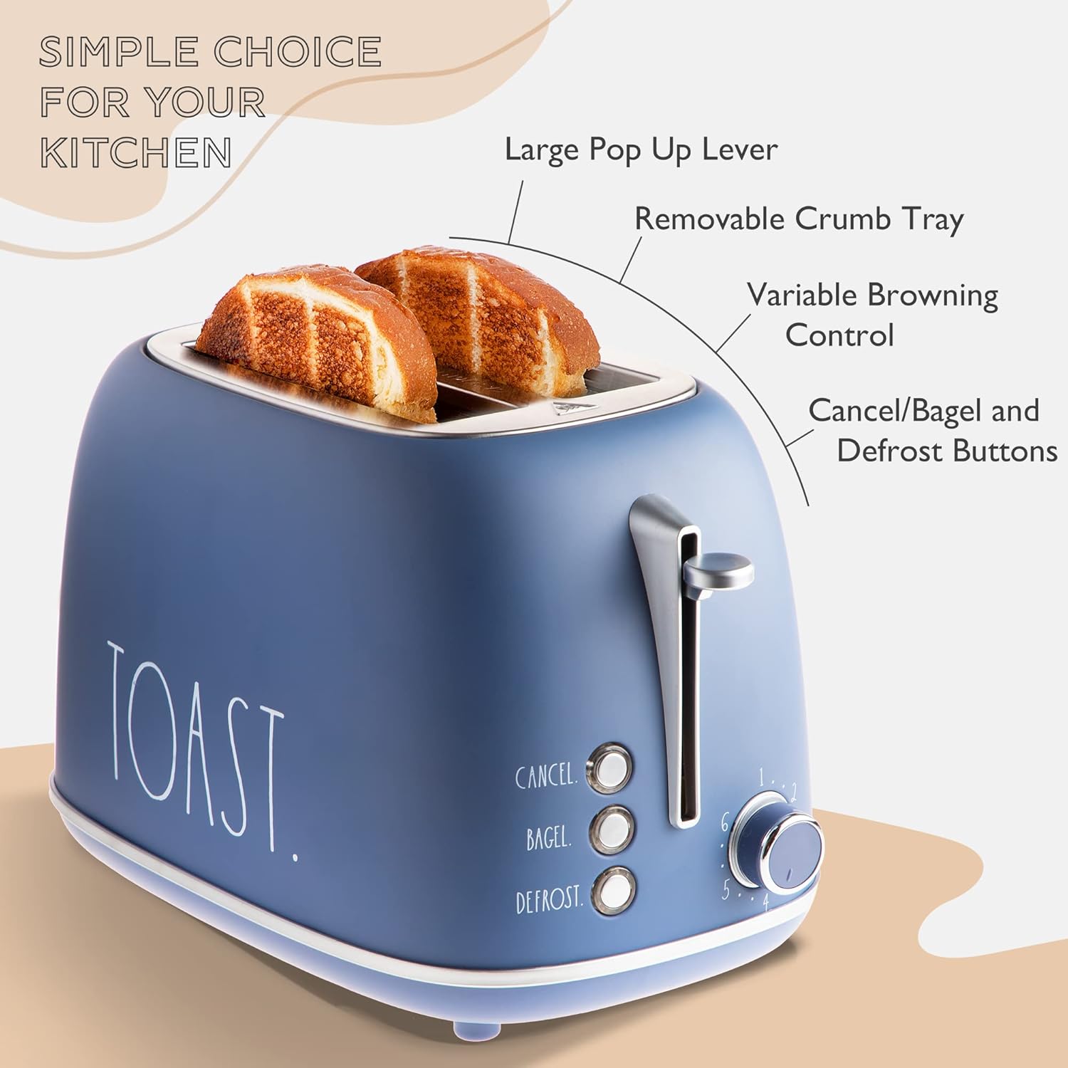 Rae Dunn Retro Rounded 2 Slice Toaster with Crumb Tray and Bagel Option