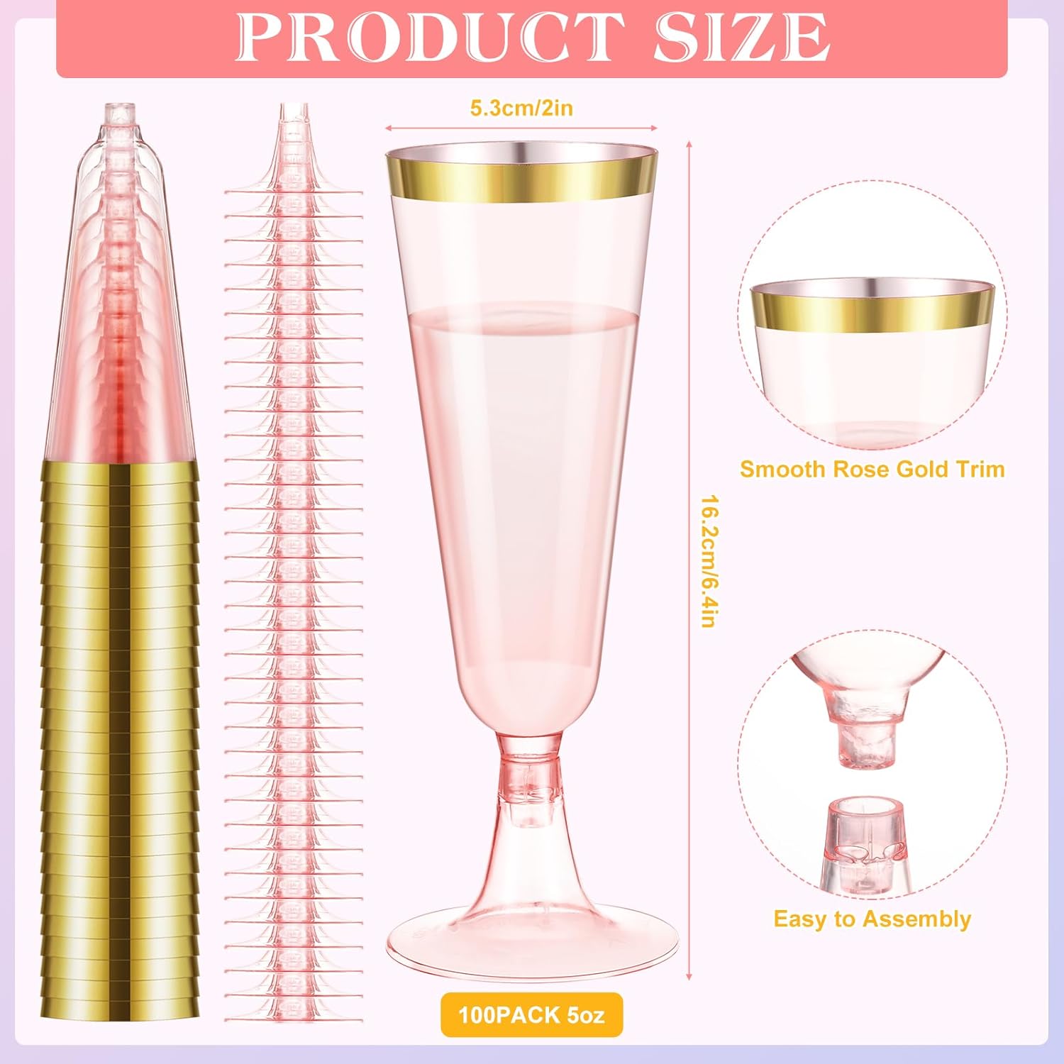 Dandat 100 Pcs Pink Champagne Flutes with Gold Rim