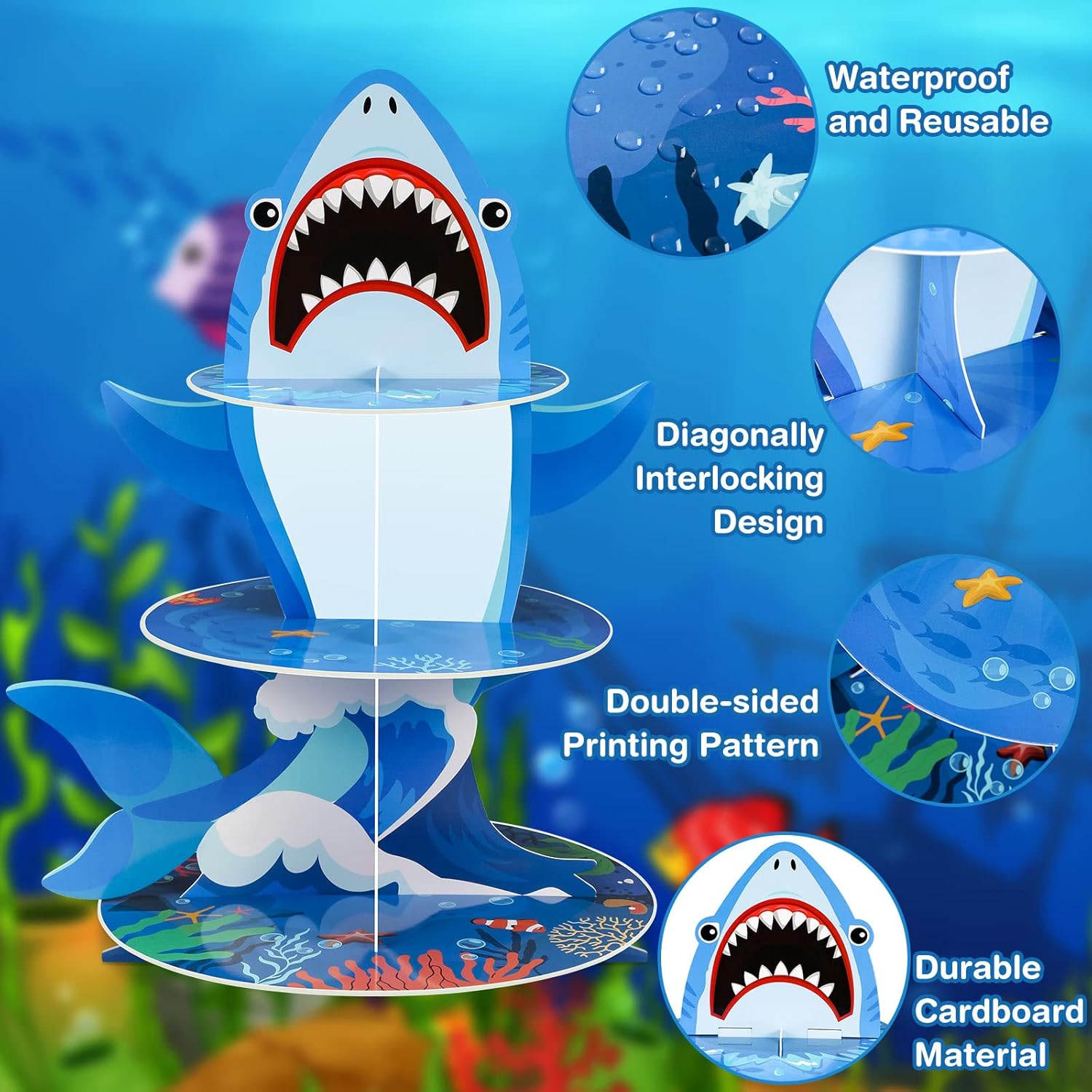 Zopeal 3 Tier Shark Cupcake Stand Ocean Theme Party Decorations