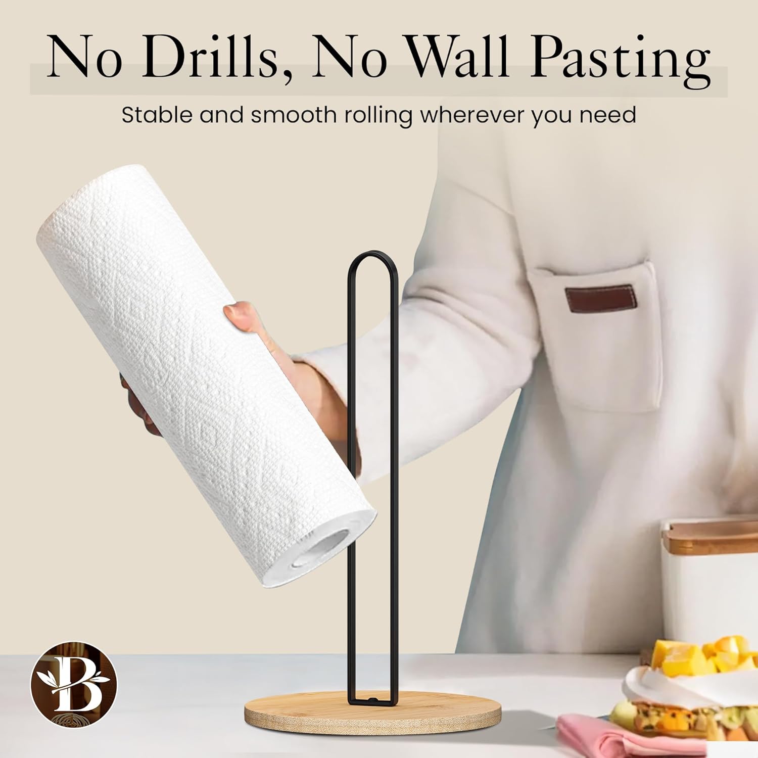 Bambsi Paper Towel Holder - Black Wooden Stand