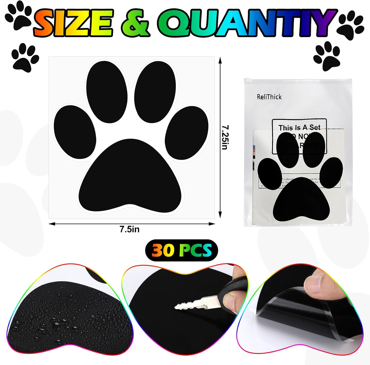 ReliThick 30 Pcs Large Pawprint Floor Decals Black
