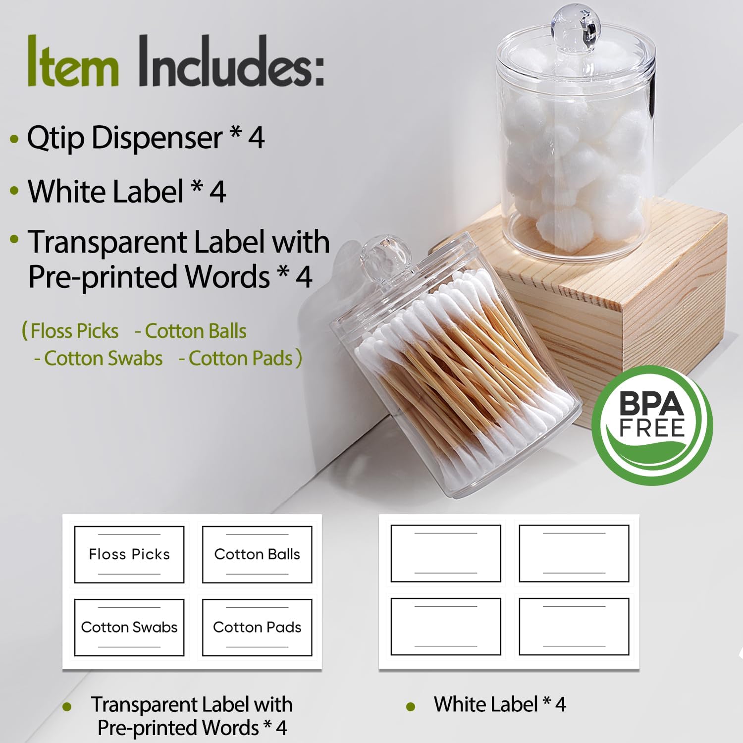 4 Pack Acrylic Q-Tip Holder Dispenser Set