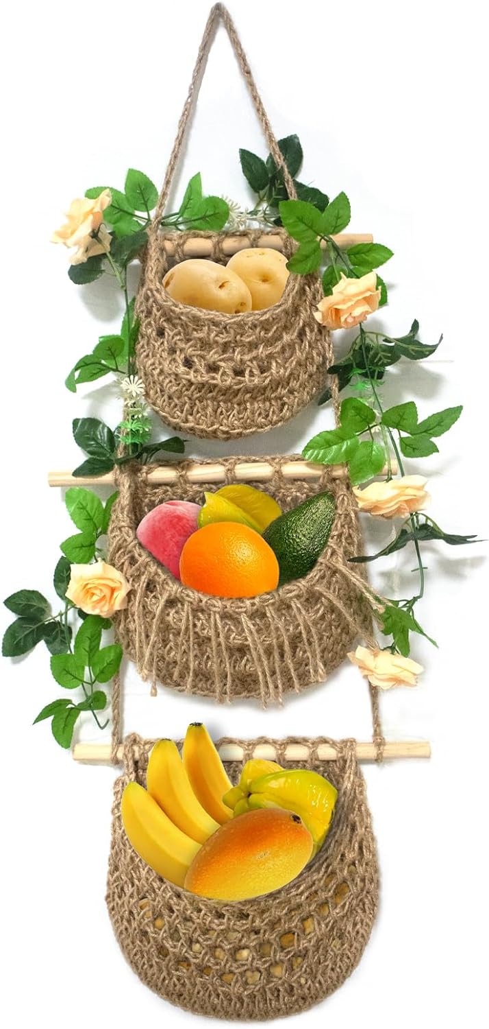 3 Tier Jute Hanging Fruit Basket for Kitchen