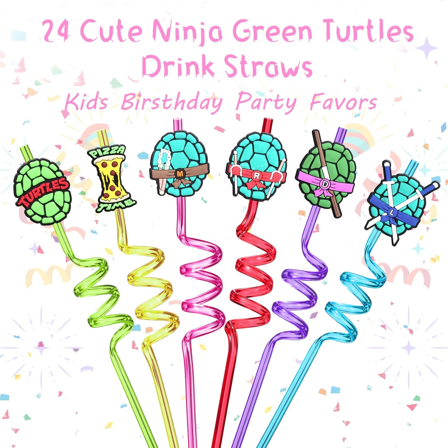 24 Reusable Ninja Green Turtle Straws for Kids Party Favors