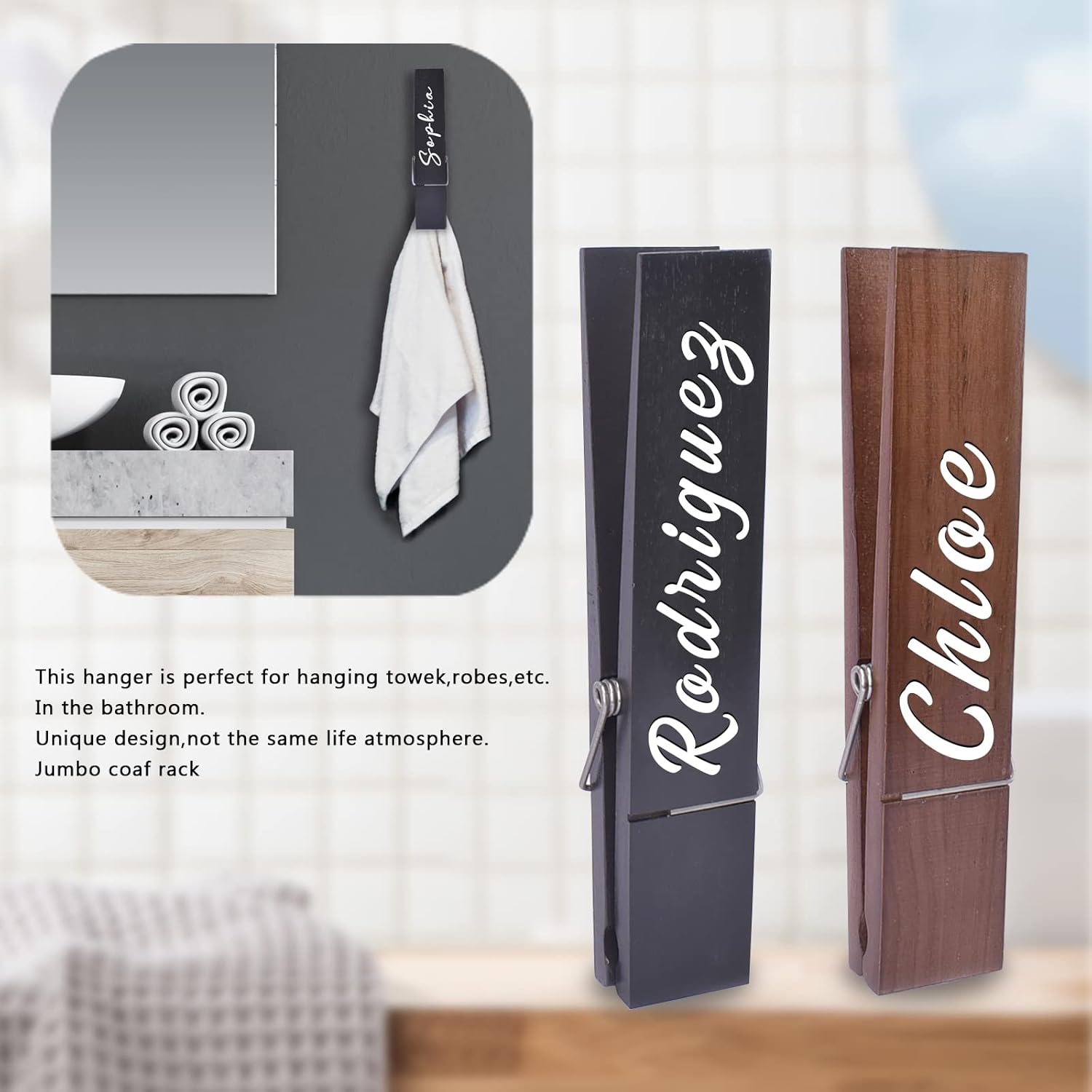 Custom Towel Hooks with Personalized Name Wooden Clothespins