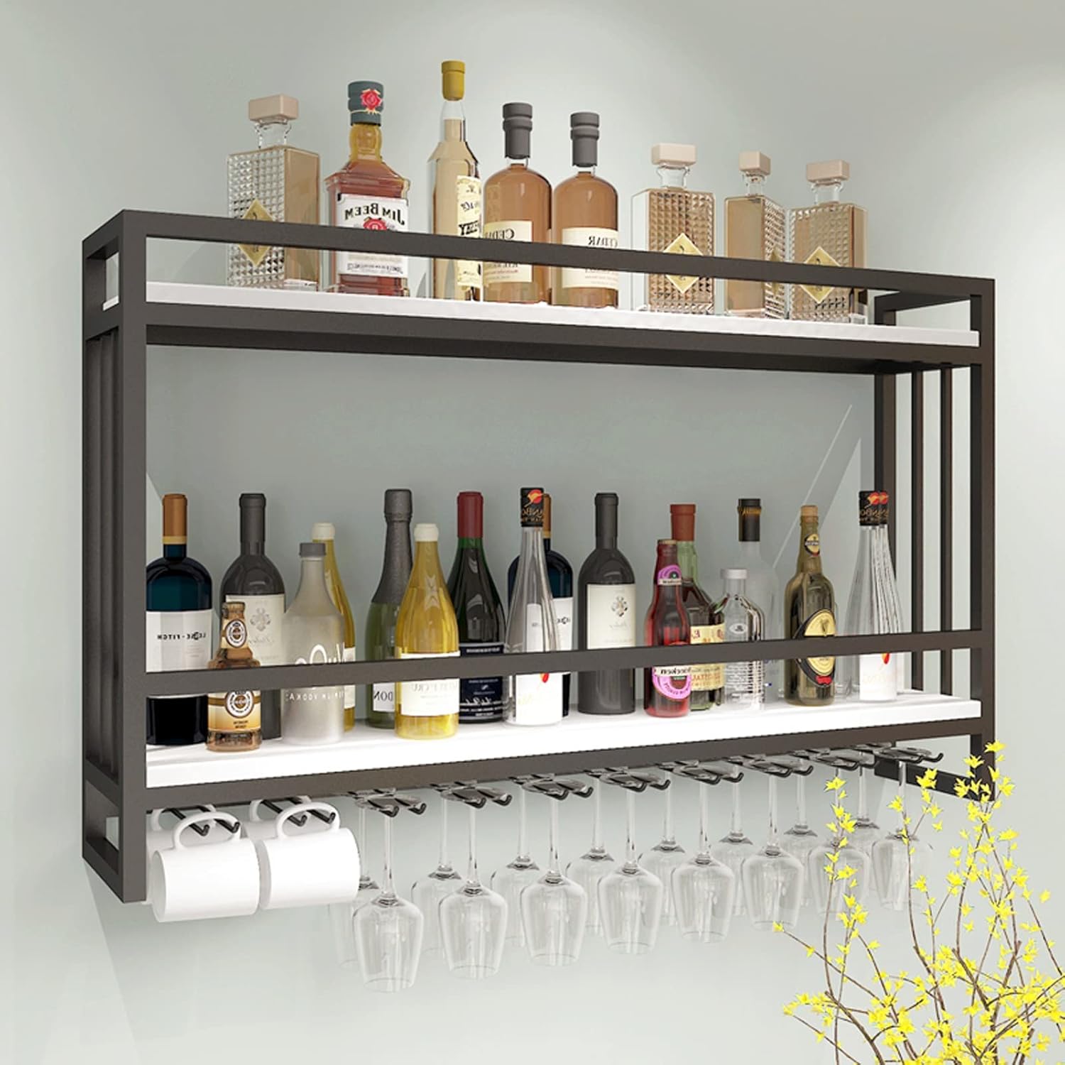 Gold White Wall-Mounted 2 Layer Wine Rack with Hooks