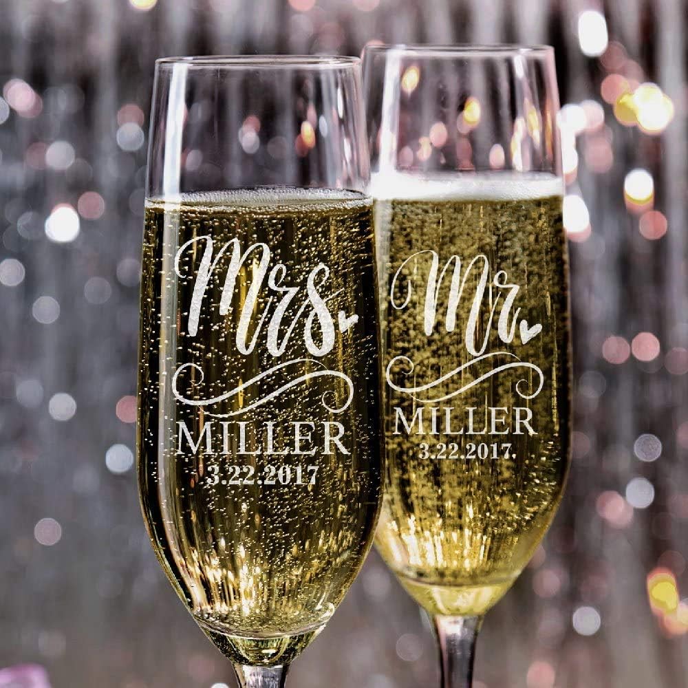 Personalization Lab Champagne Flutes Set of 2 with Last Name and Date