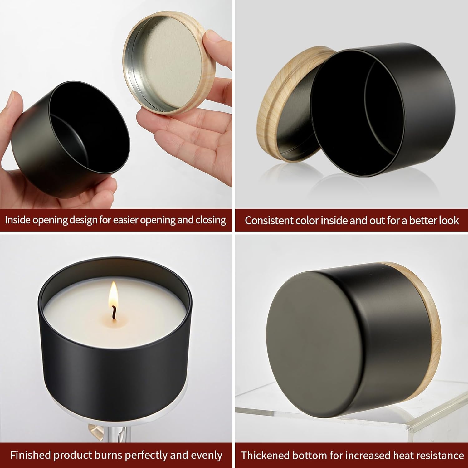 Sturdy Metal Candle Tins with Wooden Lids 4oz 8oz 12pcs Black