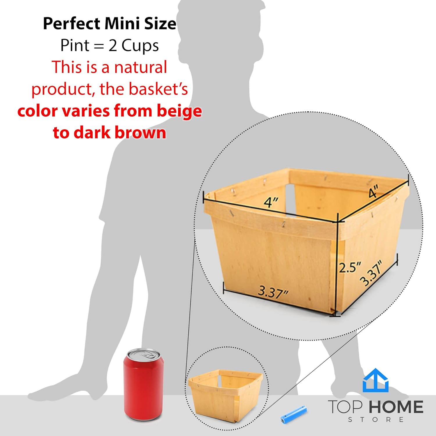 One Pint Wooden Berry Baskets 10 Pack - 4 Inch Square Vented Wood Boxes