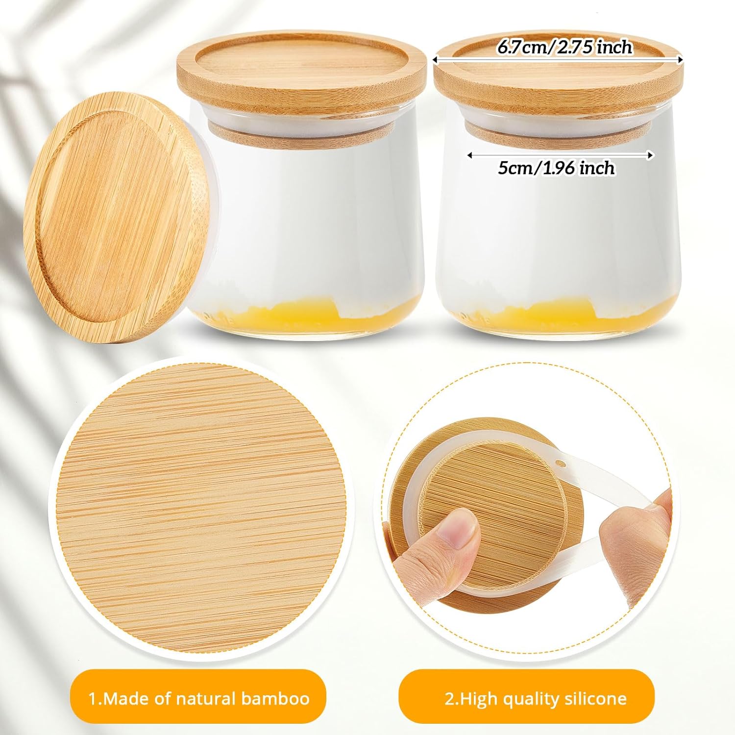 6 Pack Yogurt Jar Lids with Bamboo Wood and Silicone Seals