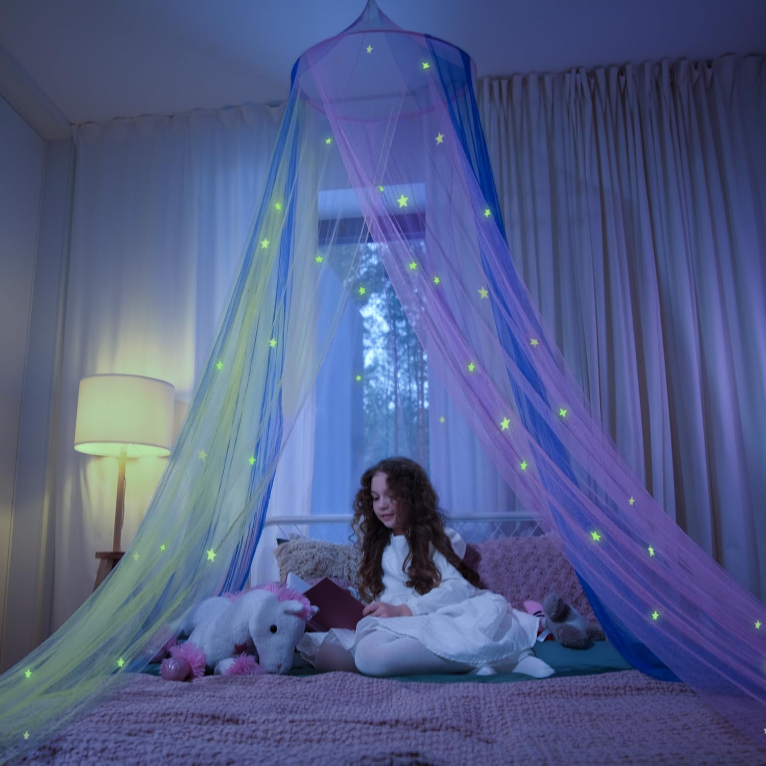 Bollepo Glowing Star Bed Canopy for Girls - Rainbow Mesh Netting