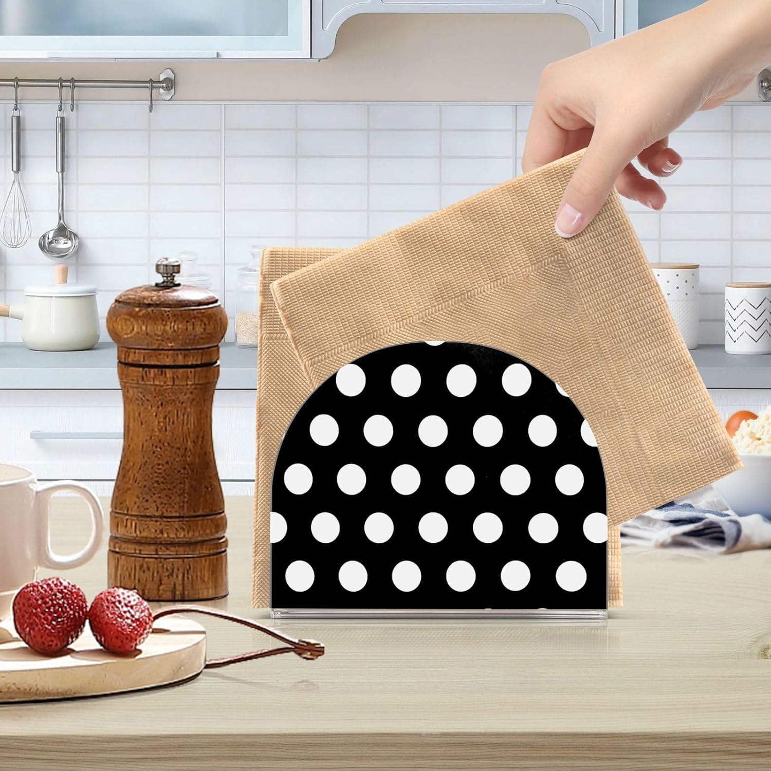 Caikeny Acrylic Napkin Holder Black White Polka Dot