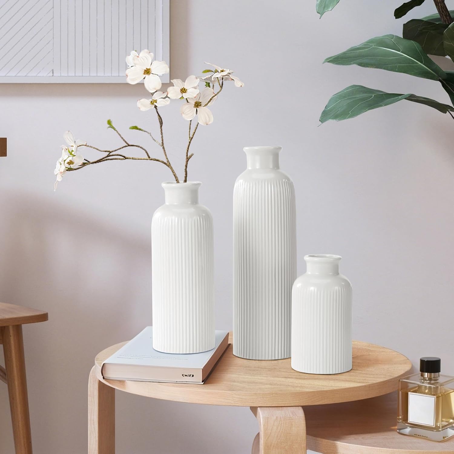 White Ceramic Vase Set of 3 Boho Modern Farmhouse Decor