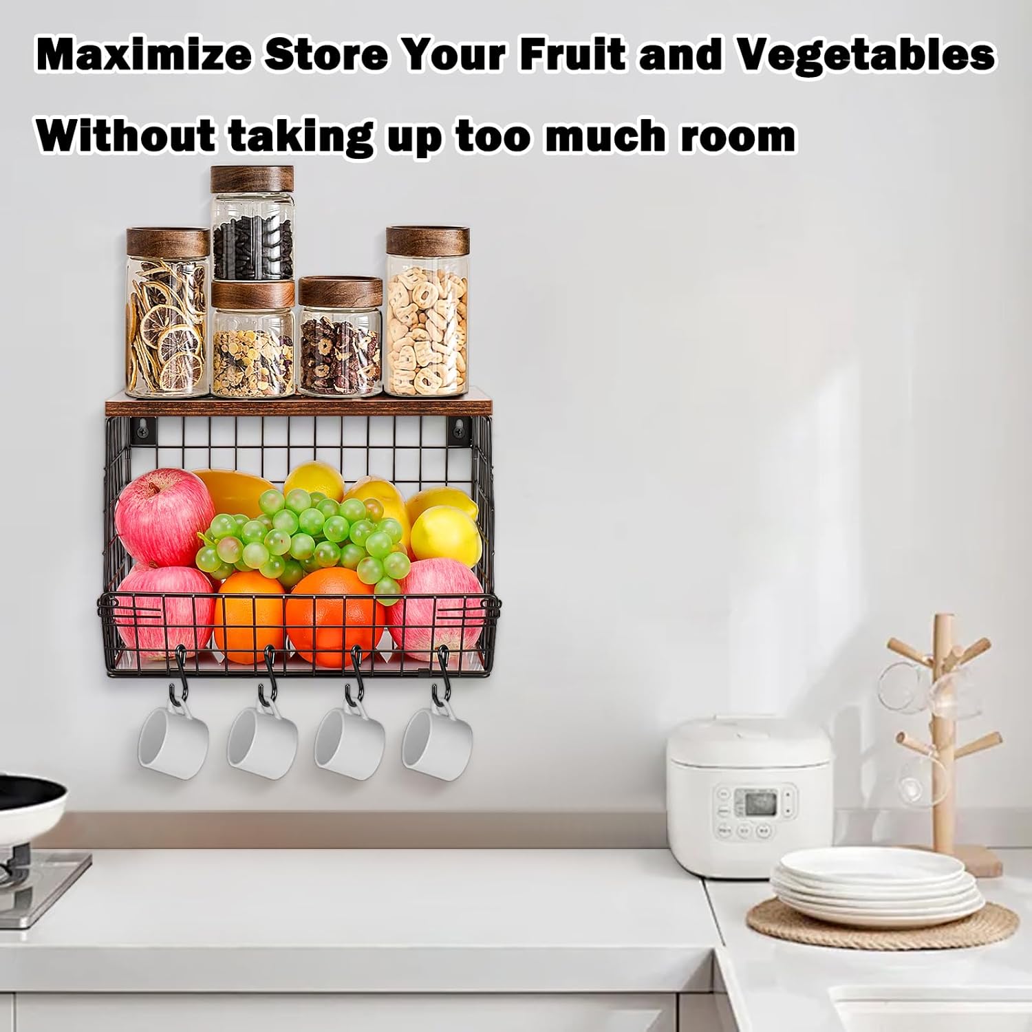 Livabber Fruit Basket with Wood Shelf and 4 S-Hooks