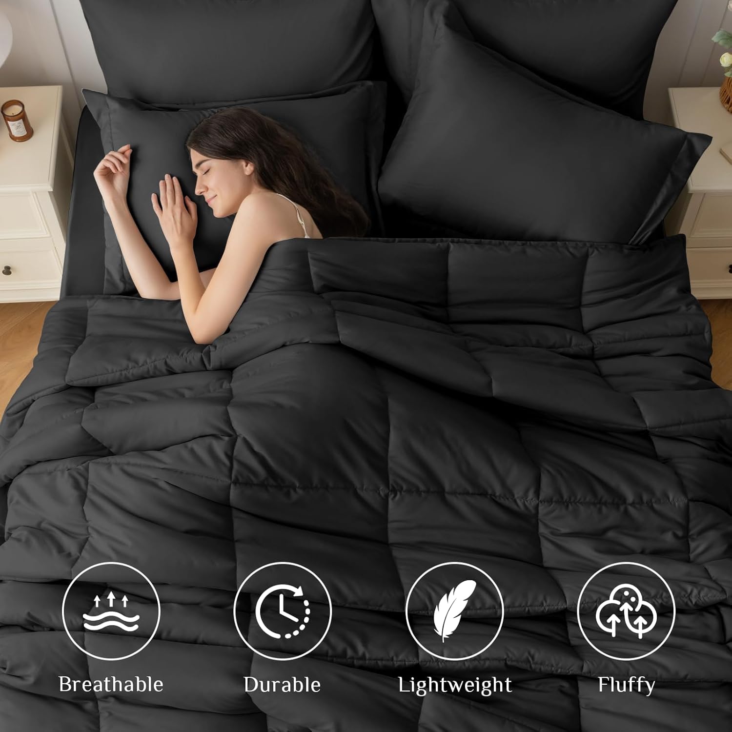 JOLLYVOGUE Queen Comforter Set 7-Piece Black