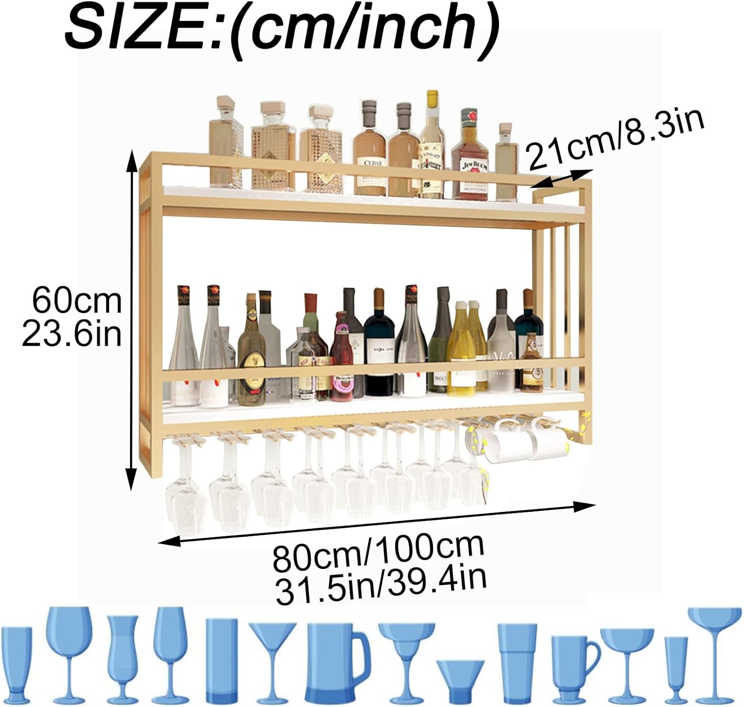 Gold White Wall-Mounted 2 Layer Wine Rack with Hooks