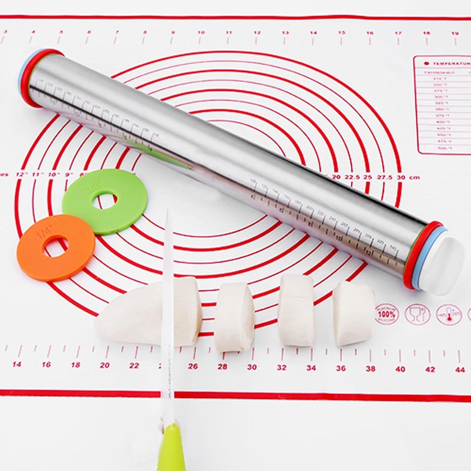 Stainless Steel Rolling Pin with Adjustable Rings and Silicone Mat Set