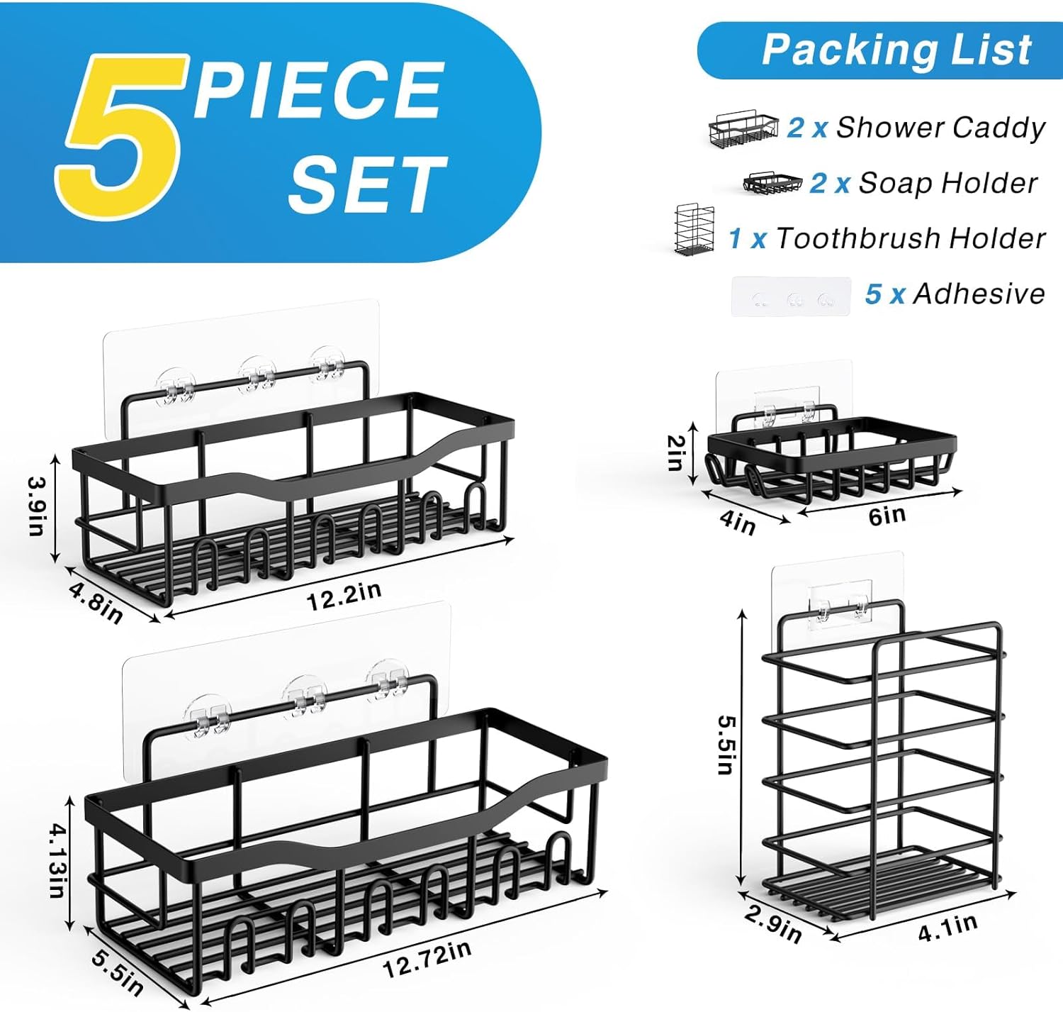 EUDELE Adhesive Shower Caddy 5 Pack Rustproof Stainless Steel Storage