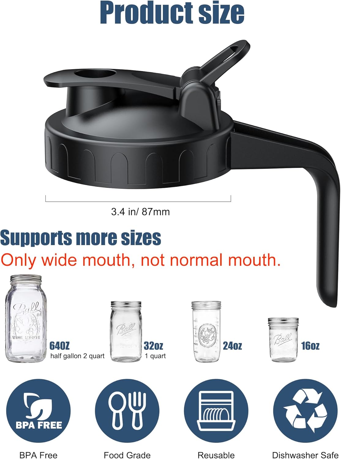VA1KENE 4-Pack Mason Jar Pour Spout Lid Black