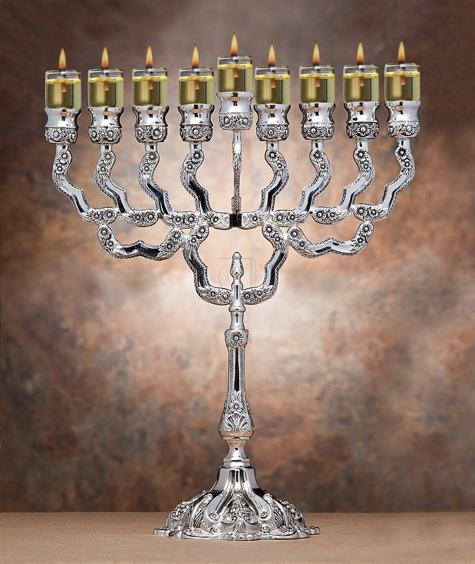 Studio Silversmiths Tall Silver Menorah Floral Inlay