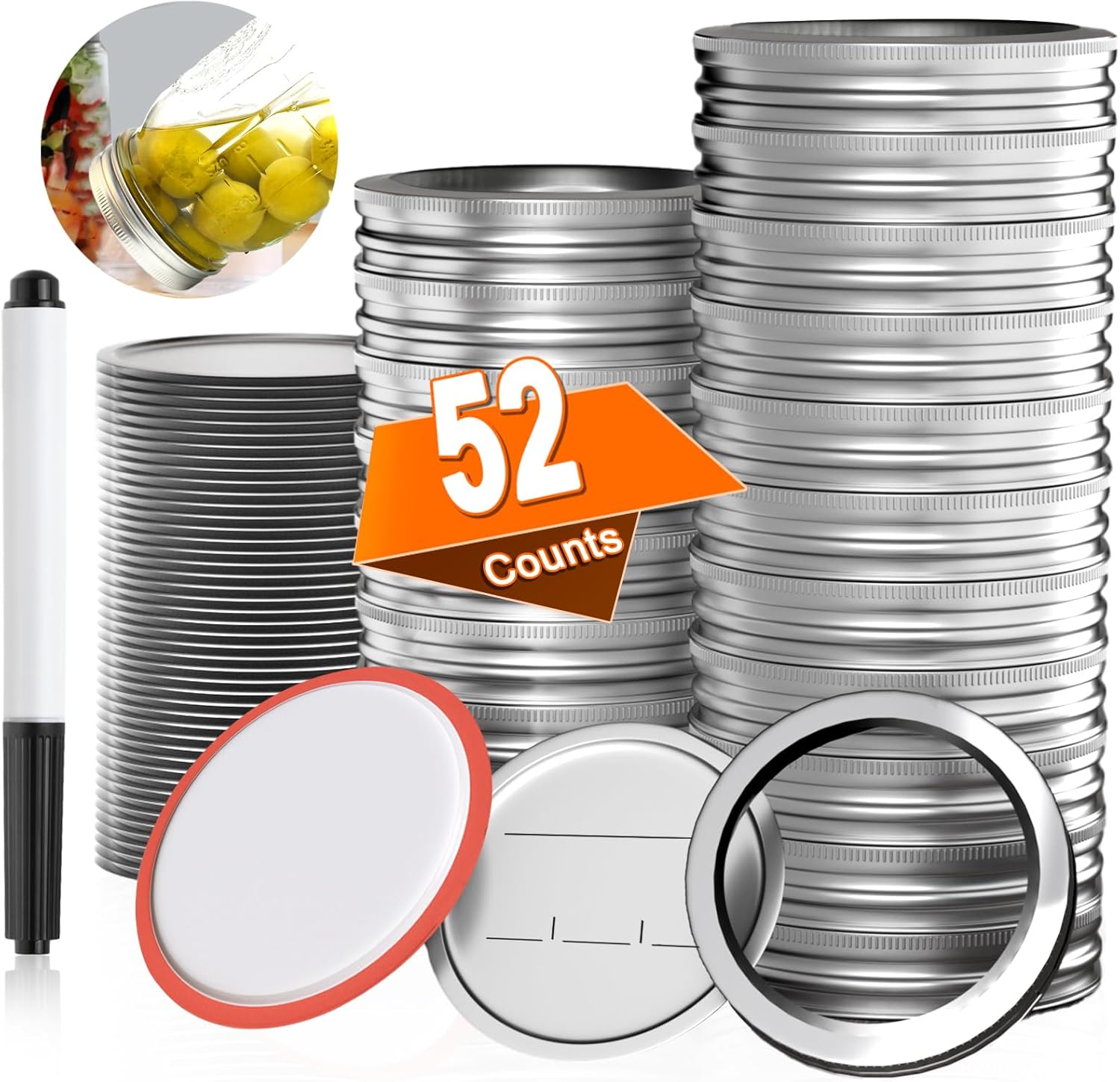 52 PCS Reusable Mason Jar Lids and Rings with Whiteboard Marker